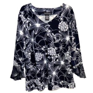 Impressions Women's Black Floral V-Neck 3/4 Sleeve Top – Size: 1X